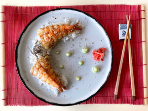 Langostinos con mirin de Rub #10 YOKOHAMA🇯🇵, arroz de sushi y crema de wasabi